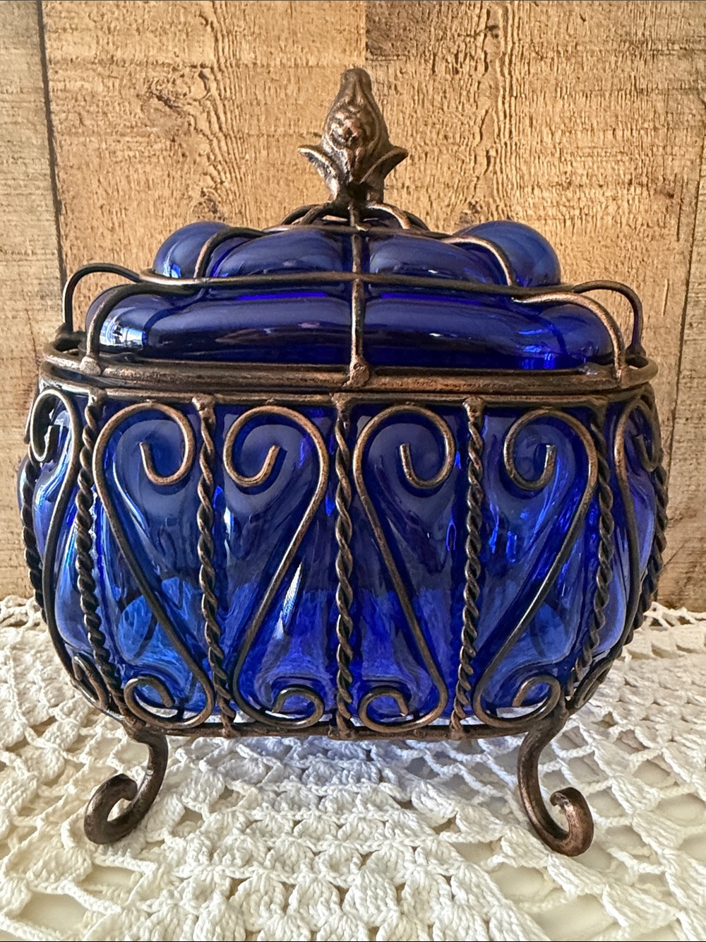 MCM Hollywood regency cobalt blue caged bubble glass lidded casket trinket box